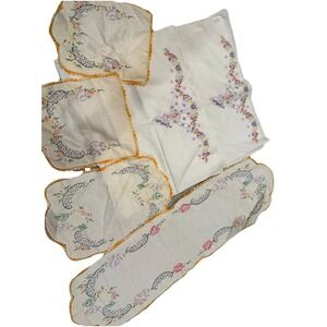 VTG Hand Embroidered Linen Floral Cross Stitch Table Runner, Napkin, Pillowcase